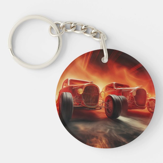 2 Hot Rods Racing Each Other At Fantasy Drag Strip Keychain (Front)