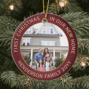 2 House Photos 1st Xmas New Home Brushed Burgundy Ceramic Ornament