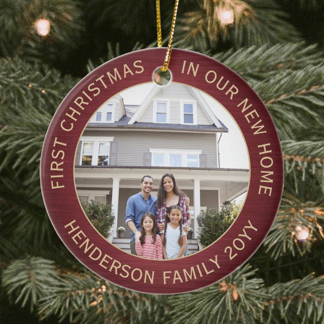 2 House Photos 1st Xmas New Home Brushed Burgundy Ceramic Ornament (Creator Uploaded)