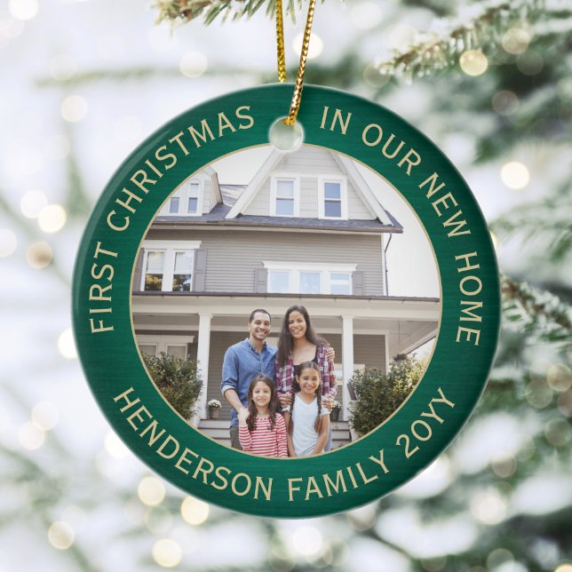 2 House Photos 1st Xmas New Home Brushed Green Ceramic Ornament (Creator Uploaded)