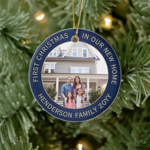 2 House Photos 1st Xmas New Home Brushed Navy Gold Ceramic Ornament