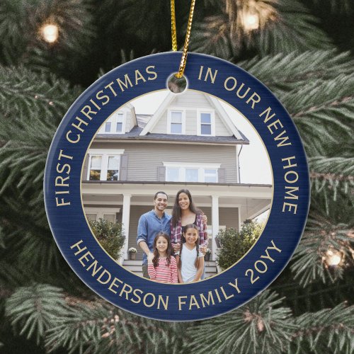 2 House Photos 1st Xmas New Home Brushed Navy Gold Ceramic Ornament