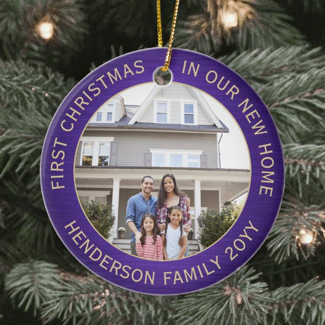 2 House Photos 1st Xmas New Home Brushed Purple Ceramic Ornament (Creator Uploaded)