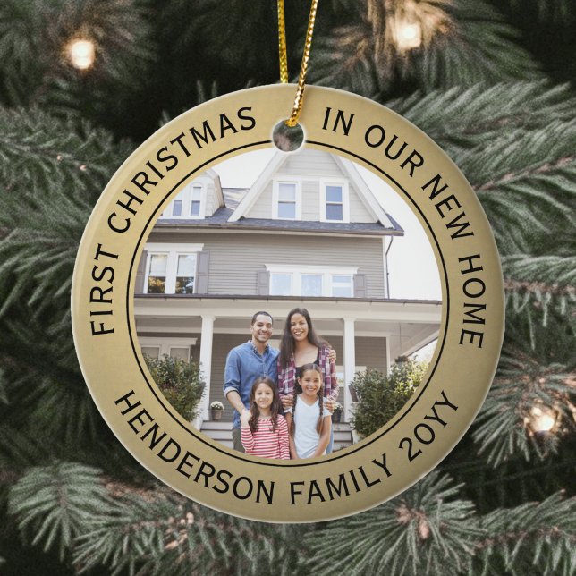 2 House Photos First Xmas New Home Faux Gold Black Ceramic Ornament (Creator Uploaded)