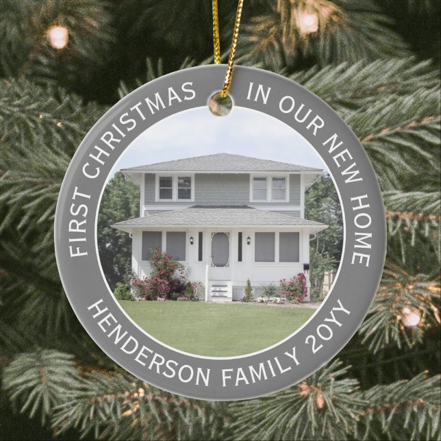 2 House Photos First Xmas New Home Gray and White Ceramic Ornament (Creator Uploaded)
