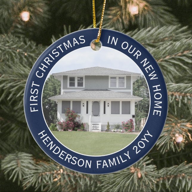 2 House Photos First Xmas New Home Navy Blue White Ceramic Ornament (Creator Uploaded)