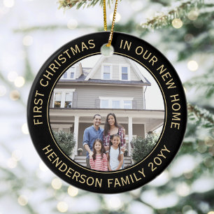 2 House Pictures First Xmas New Home Black & Gold Ceramic Ornament