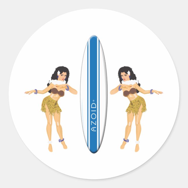 2 Hulas and Surf Board Classic Round Sticker (Front)