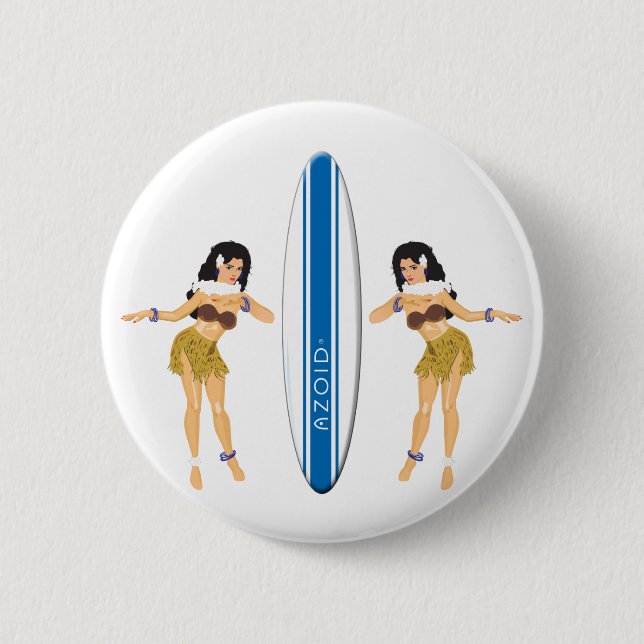 2 Hulas and Surf Board Pinback Button (Front)