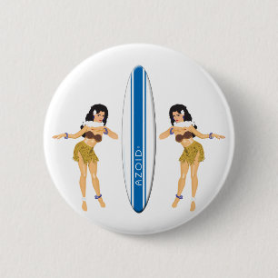 2 Hulas and Surf Board Pinback Button