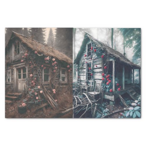2 Images of Old House in the Woods Decoupage Tissue Paper