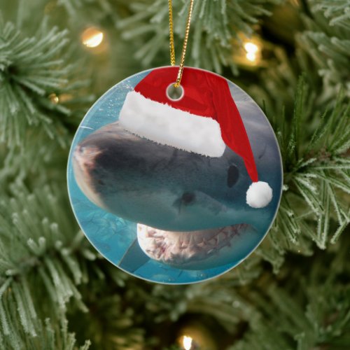 2_in_1 Great White Christmas Sharks Red Santa Hat Ceramic Ornament