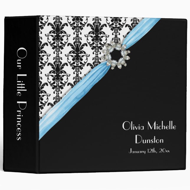 2 inch Vintage Jewel Buckle Black White Damask 3 Ring Binder (Front/Spine)