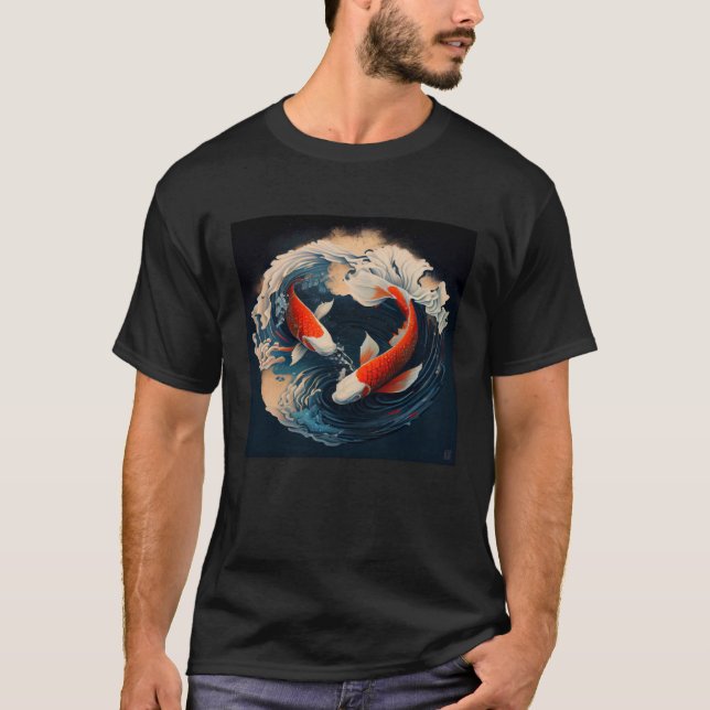 2 Koi Fish swimming in a Japanese style wave Pullo T-Shirt (Front)