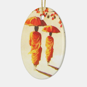 2 Laotian Buddhist Monks Ceramic Ornament