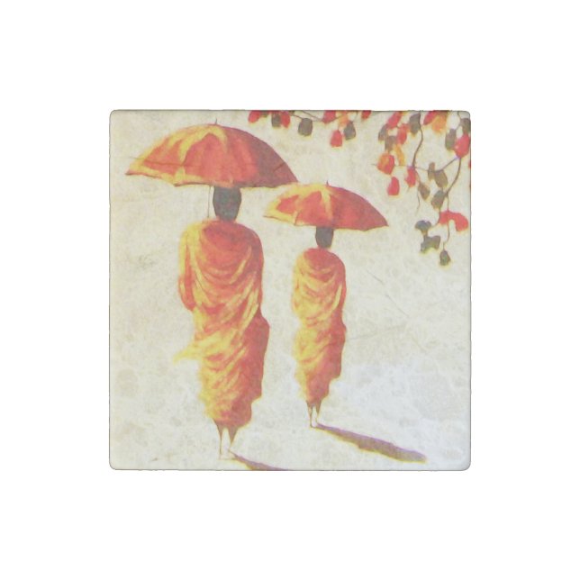 2 Laotian Buddhist Monks Stone Magnet (Front)