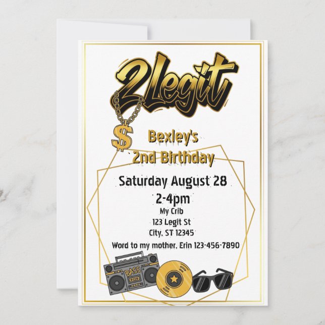 2 Legit, Musical 2nd Birthday invitation (Front)