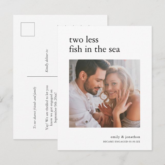 2 less fish in Sea Photo Engagement Announcement Postcard (Front/Back)
