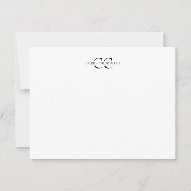 2 Letter Monogram Couple Initials Wedding Green Note Card (Front)