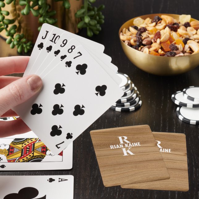 2-letter Monogram with Name on Faux Rustic Wood Poker Cards (In Situ)