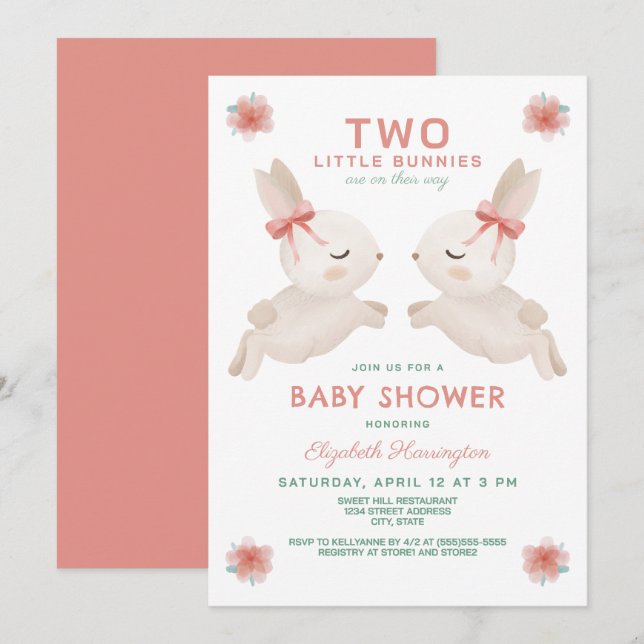 2 Little Bunnies Twin Girls Baby Shower Invitation (Front/Back)