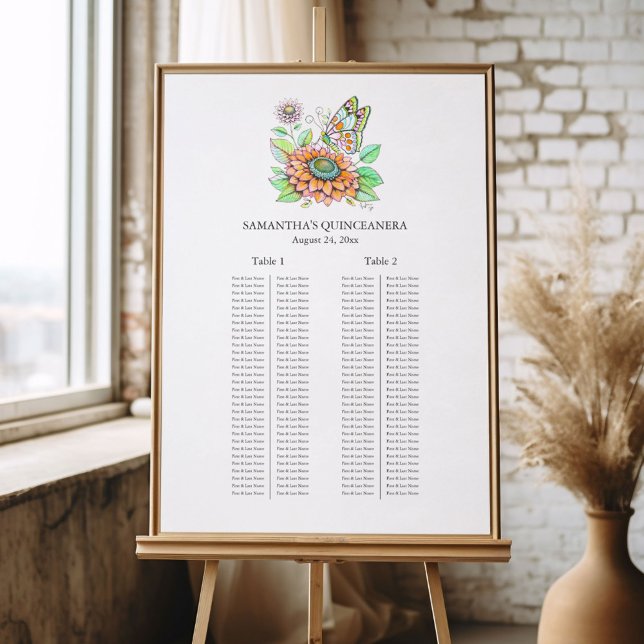 2 Long Tables Floral Butterfly Seating Chart Sign (Quinceanera seating chart for banquet butterfly art by Victoria Grigaliunas of Do Tell A Belle)