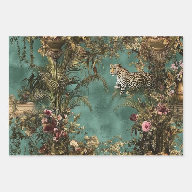 #2 Lush Ornate Scene Leopard Foliage Wrapping Paper Sheets (Front 3)