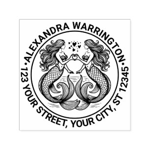 2 Mermaids Making Heart Sign Name Return Address Self-inking Stamp