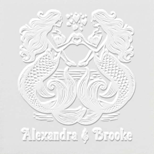 2 Mermaids Making Heart Sign Wedding Couple Names Embosser (Design)