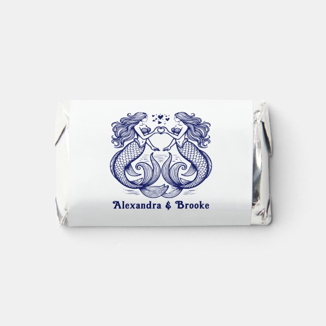 2 Mermaids Making Heart Sign Wedding Couple Names Hershey's Miniatures (Front)