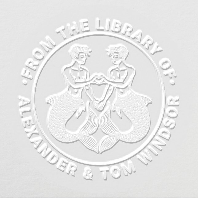 2 Mermen Making Heart Sign Library Book Name Embosser (Design)