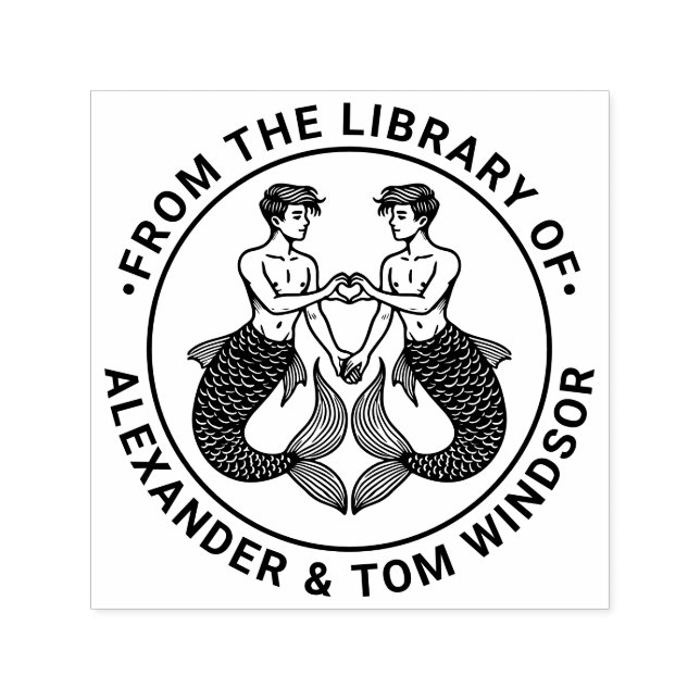 2 Mermen Making Heart Sign Library Book Name Self-inking Stamp (Design)
