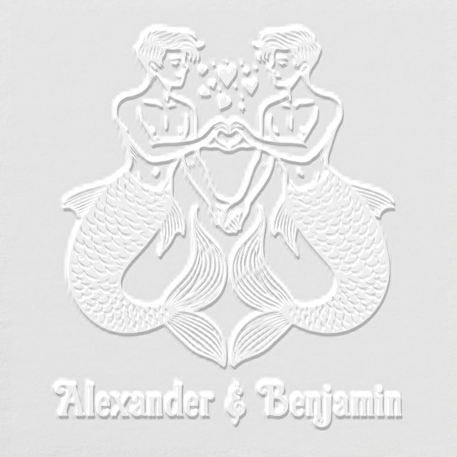 2 Mermen Making Heart Sign Wedding Couple Names Embosser (Design)