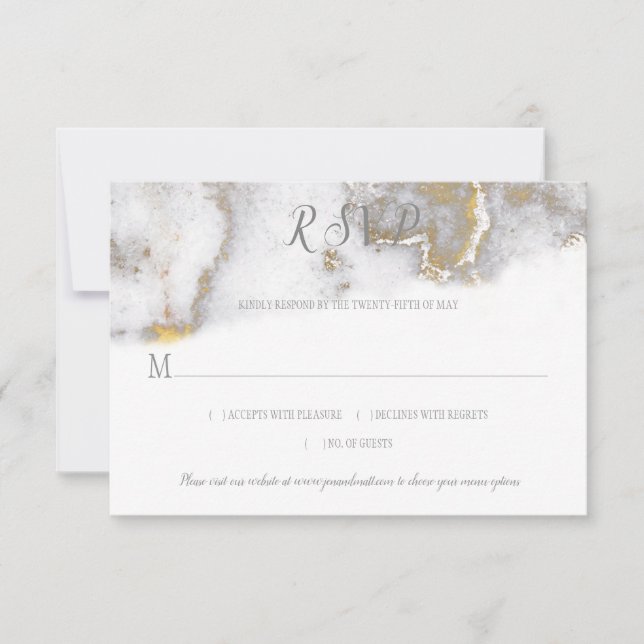 #2 Modern Gold Glitter and Gray Marble Effect RSVP Card (Front)
