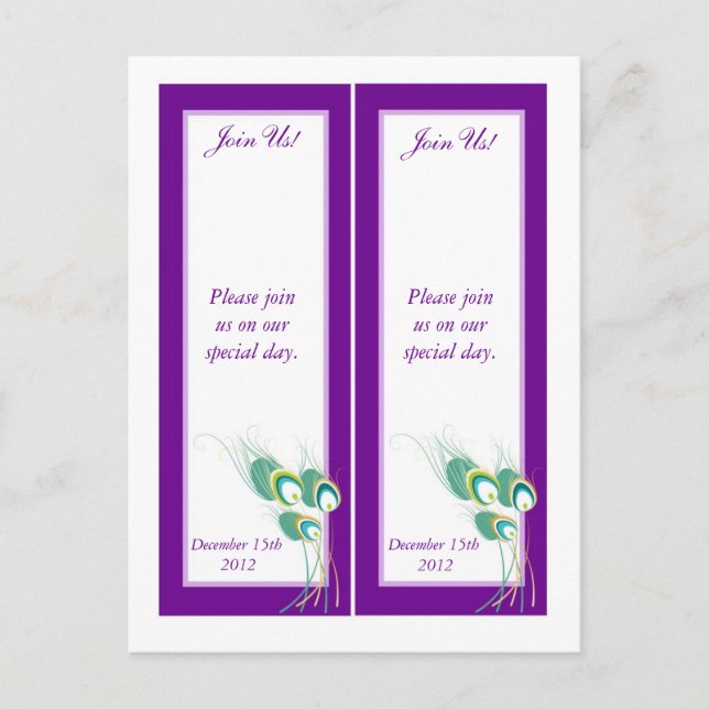 2 Modern Purple Peacock Save the Date Bookmarks Announcement Postcard (Front)