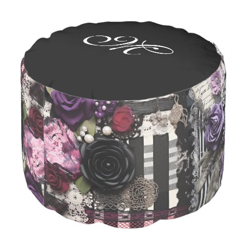 *~*2  MONOGRAM Flowers Stripes Black Gothic Pouf