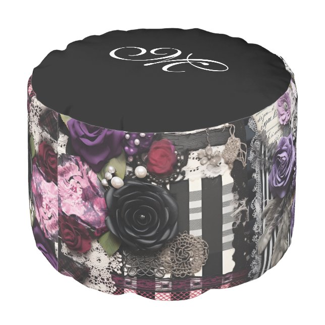 *~*2  MONOGRAM Flowers Stripes Black Gothic Pouf (Angled Back)