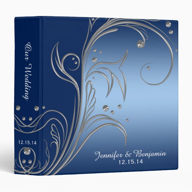 #2 Navy Blue Gradient Ombre Silver Scrolls Album 3 Ring Binder (Front/Spine)