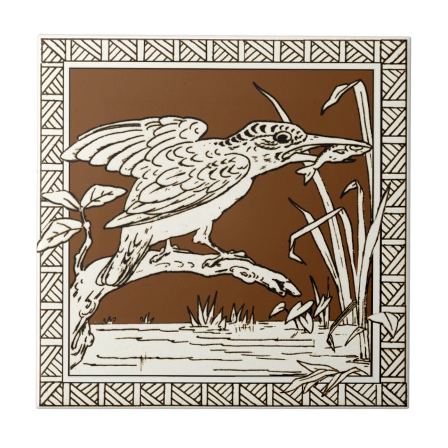 #2 of 12 Repro 1880s Minton Mocha Bird Series Ceramic Tile (Front)