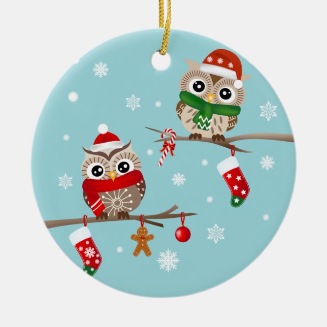 2 Owls on Christmas Branches Ornament (Front)