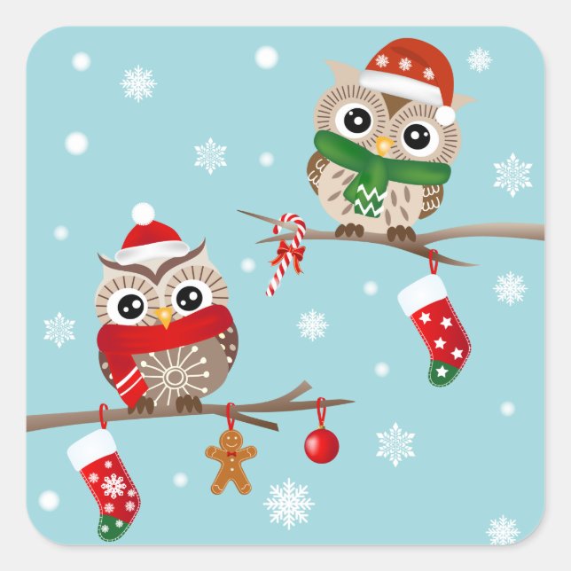 2 Owls on Christmas Branches Stickers (Front)