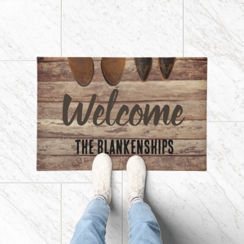 2 Pairs of Boots on Rustic Wood Custom Doormat