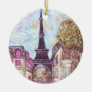 2 Paris Inspired Cityscapes W/Eiffel Tower Rnd Orn Ceramic Ornament