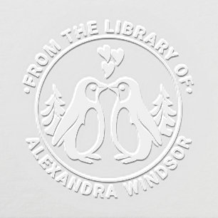 2 Penguins Kissing, Hearts Library Book Name Embosser