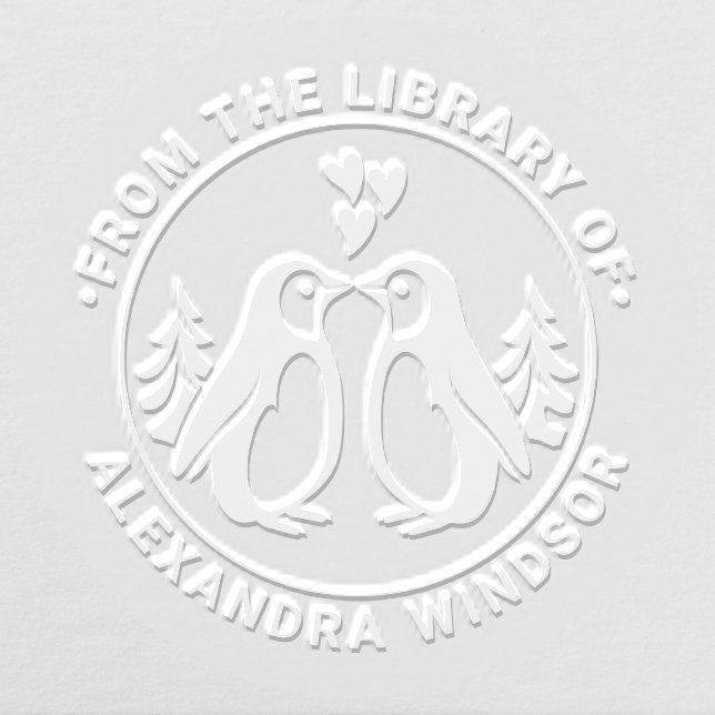 2 Penguins Kissing, Hearts Library Book Name Embosser (Design)