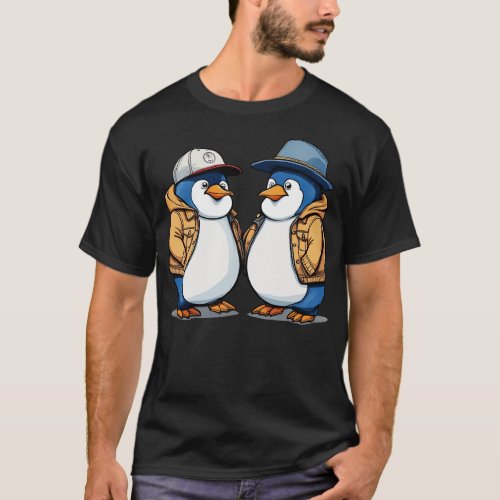 2 penguins wearing a coat and hats T_Shirt