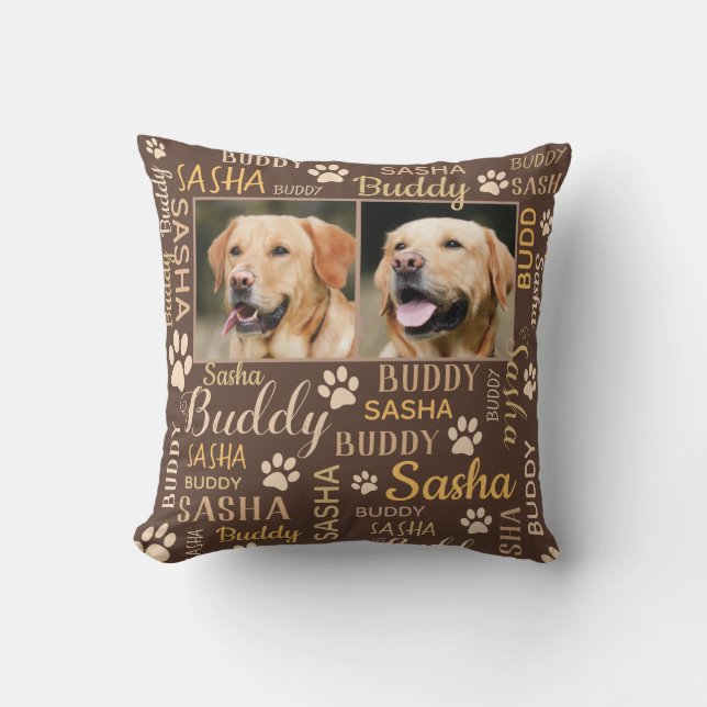 2 Personalized Photo Names | Brown Dog Pillow (Front)