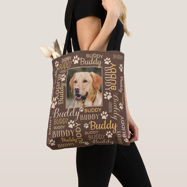 2 Personalized Photo Names | Brown Dog Tote Bag (Close Up)