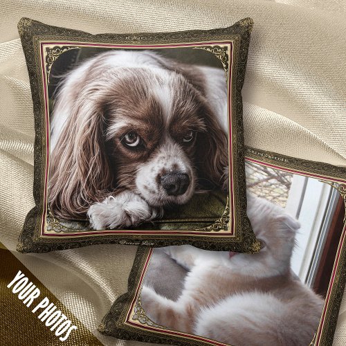 2 Pet Photo Keepsake GoldPurple Vintage Frame _ Throw Pillow