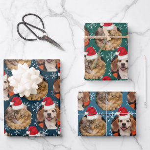 2 Pet Photo Santa Hat on Heads Blue Teal Wrapping Paper Sheets